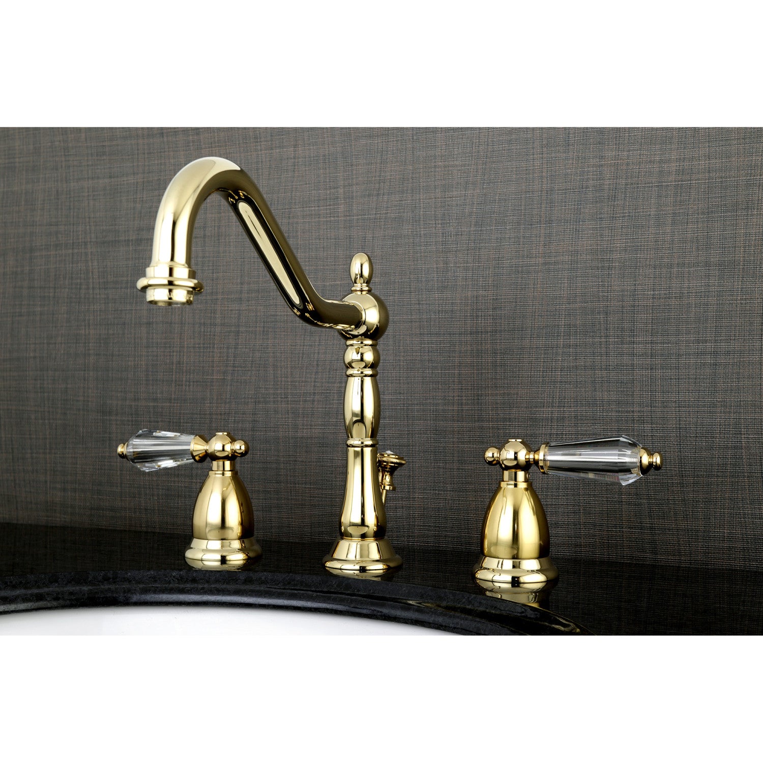 Kingston Heirloom KS1992WLL - Wilshire Two-Handle 3-Hole Deck Mount Widespread Bathroom Faucet with Brass Pop-Up, Polished Brass — thumbnail 2